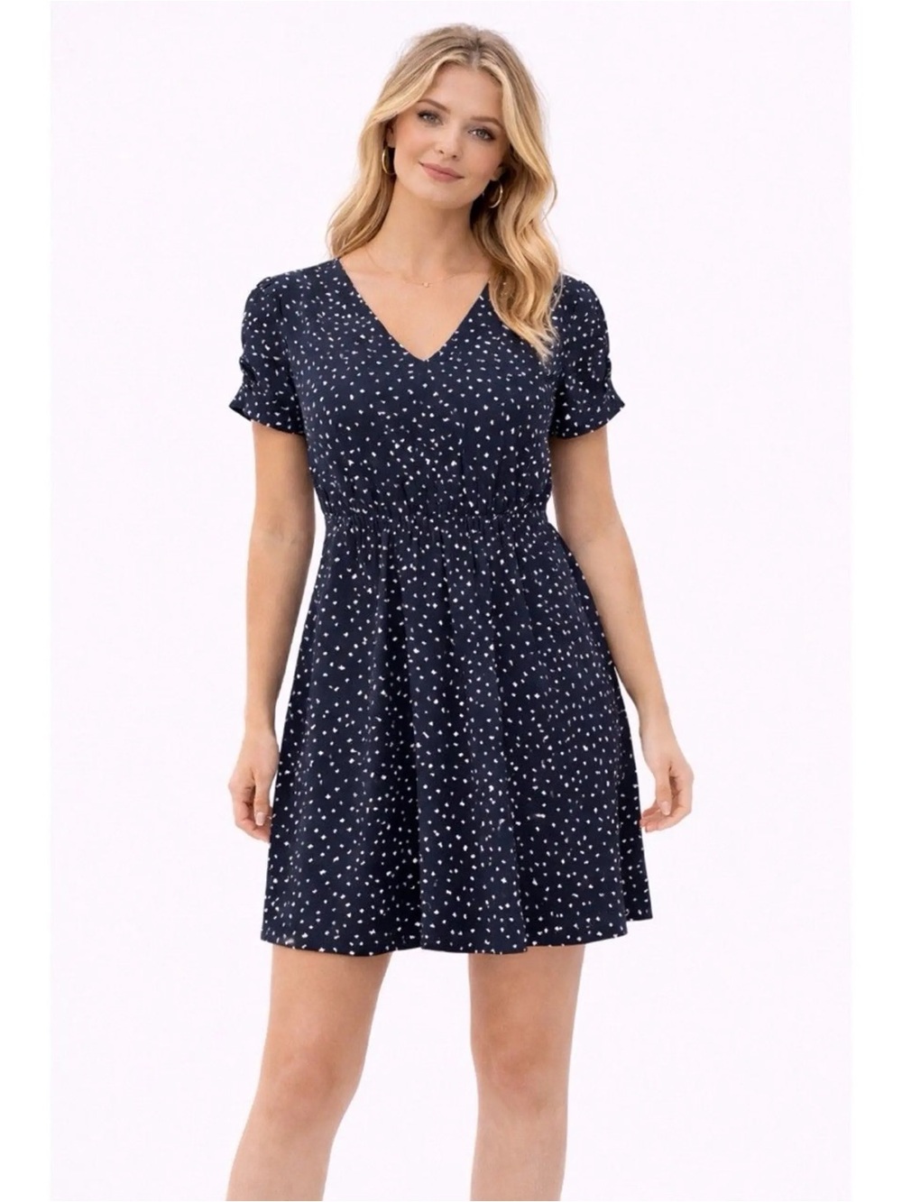 Banana Republic Navy Heart Print V-Neck Dress Petite Small